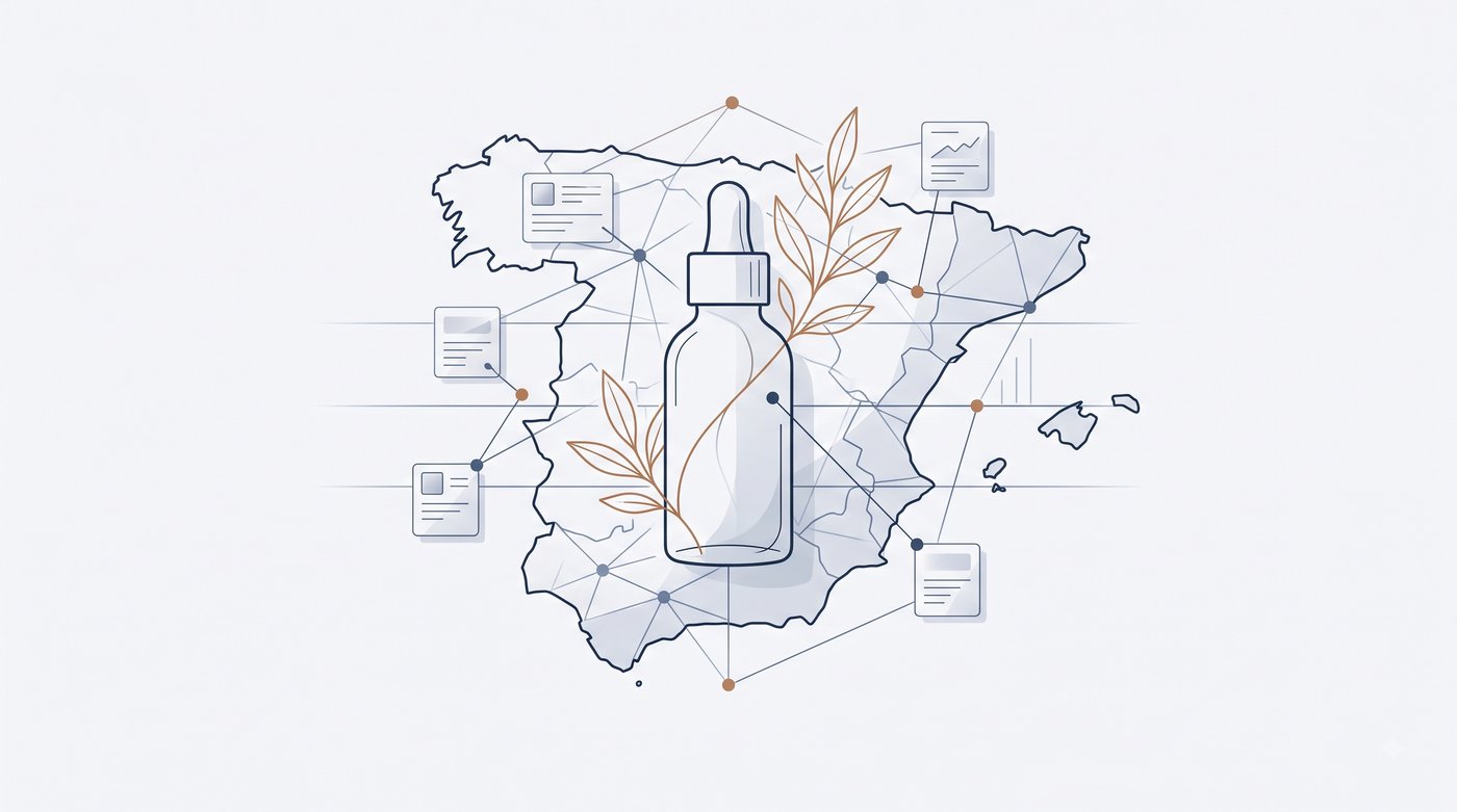 Illustration representing market-entry research for a Taiwanese organic skincare brand entering Spain